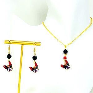 Whimsical French bulldog earrings & pendant necklace w/crystal